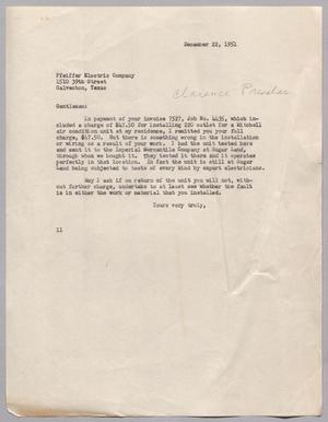 [Letter from Isaac H. Kempner to the Pfeiffer Electric Company, December 22, 1951]