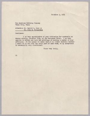 [Letter from Isaac H. Kempner to the Pan American Refining Company, December 3, 1951]
