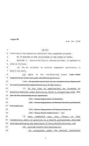 81st Texas Legislature, Regular Session, House Bill 2154, Chapter 285