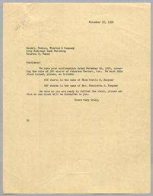 [Letter from  the purchase of shares of Johnston Testers, Inc. common stock., November 27, 1951]