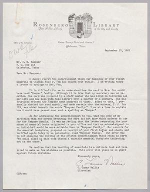 [Letter from C. Lamar Wallis to Mr. I. H. Kempner, September 13,1951]