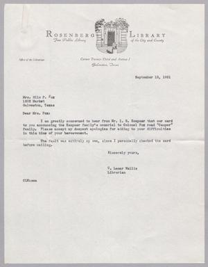 [Letter from C. Lamar Wallis to Mrs. Milo P. Fox, September 13, 1951]