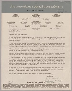 [Letter from Elmer Berger to Mr. and Mrs. I. H. Kempner, April 1, 1950]