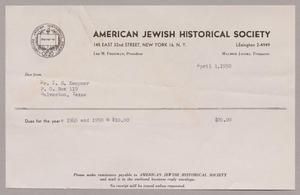 [Invoice for Annual Dues: American Jewish Historical Society, April 1950]