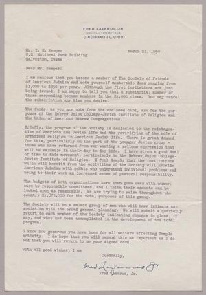 [Letter from Fred Lazarus, Jr. to Mr. I. H. Kempner, March 21, 1950]