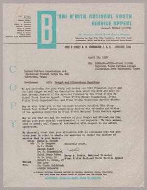 [Letter from B'nai B'rith National Youth Service Appeal to the United Welfare Association and Zacharias Frankel Lodge No. 424, April 26, 1950]