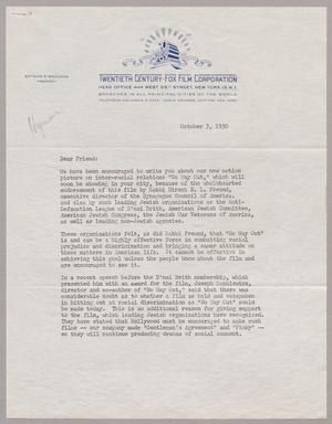 [Letter from Twentieth Century - Fox Film Corp., October 3, 1950]