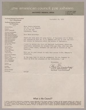 [Letter from Alex J. Geisenberger to Miss Ursula McCarthy, September 10, 1952]