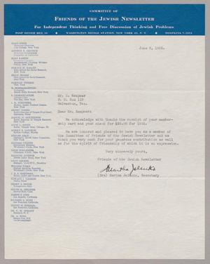[Letter from Committee of Friends of the Jewish Newsletter to I. H. Kempner, June 6, 1952]