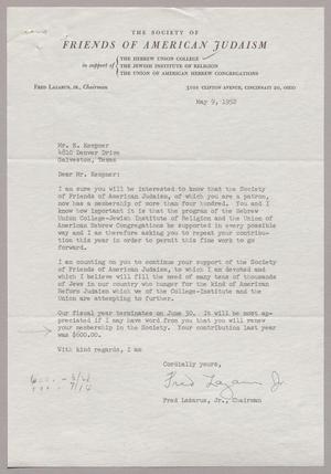 Primary view of object titled '[Letter from Fred Lazarus, Jr. to Mr. N. Kempner, May 9, 1952]'.