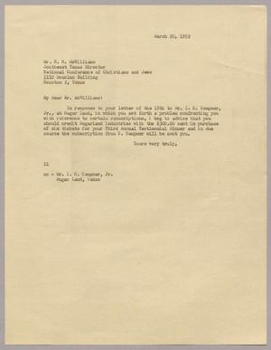 [Letter from Mr. I. H. Kempner to Mr. E. R. McWilliams, March 20, 1952]