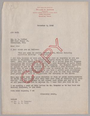 Primary view of object titled 'Copy of letter from William M. Nathan to Dr.  A. L. Sachar, November 2, 1945]'.