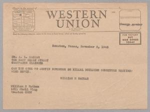 Primary view of object titled '[Telegram from William M. Nathan to Dr. A. L. Sachar, November 2, 1945]'.