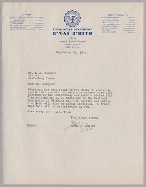 [Letter from Harry L. Kaplan to I. H. Kempner, September 24, 1945]
