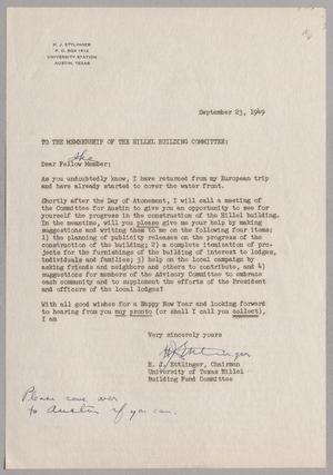 [Letter from University of Texas Hillel Building Fund Committee, September 23, 1949]