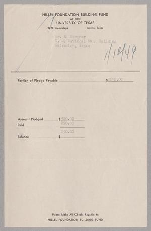 [Invoice for H. Kempner for Pledge at The Hillel Foundation Building Fund at The University of Texas, January 10, 1949]