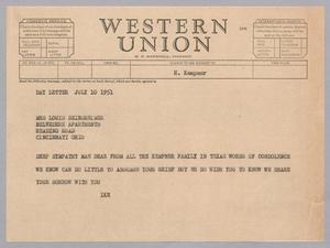 [Telegram from I. H. Kempner to Mae Seinsheimer, July 10, 1951]