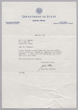 [Letter from John B. Shepperd to Isaac H. Kempner, May 24, 1951]