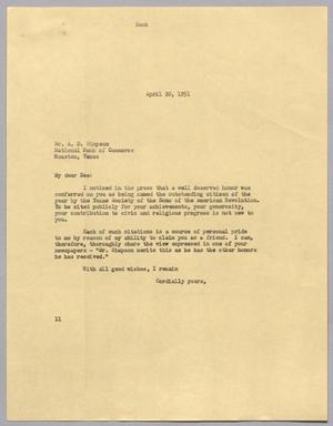 [Letter from Isaac H. Kempner to A. D. Simpson, April 20, 1951]