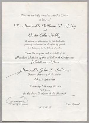 [Invitation to Dinner in Honor of William P. and Oveta Culp Hobby]