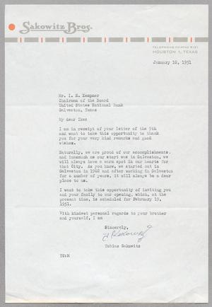 [Letter from Tobias Sakowitz to Isaac H. Kempner, January 10, 1951]
