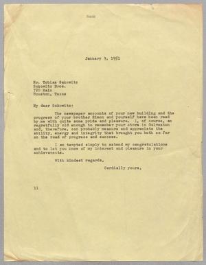 [Letter from Isaac H. Kempner to Tobias Sakowitz, January 9, 1951]