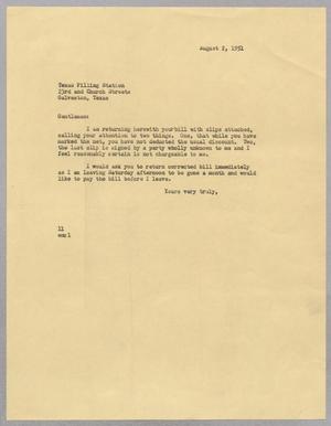 [Letter from Isaac H. Kempner to the Texas Filling Station, August 2, 1951]