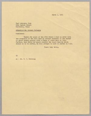 [Letter from I. H. Kempner to Turf Athletic Club, March 5, 1951]