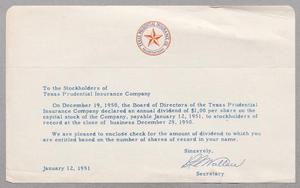 [Letter to the Stockholders of Texas Prudential Insurance Company from R. L. Wallace, January 12, 1951]