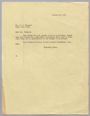 [Letter from I. H. Kempner to Mrs. H. G. Thomspon, January 15, 1951]