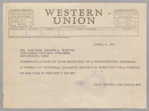 [Telegram from Henrietta and Isaac H. Kempner to Mr. and Mrs. Harris K. Weston, April 5, 1951]
