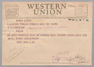 [Telegram from Hope and J.C. to Isaac H. Kempner, December 22, 1951]