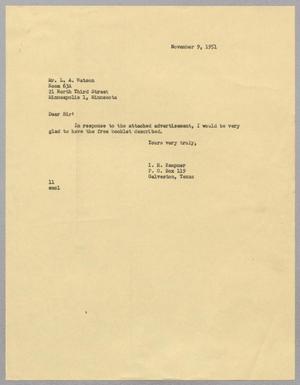 Primary view of object titled '[Letter from I. H. Kempner to L. A. Watson, November 9, 1951]'.