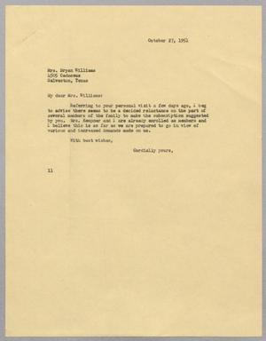 [Letter from I. H. Kempner to Mrs. Bryan Williams, October 27, 1951]