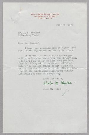 [Letter from Greta M. Wales to I. H. Kempner, September 25, 1951]