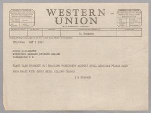 [Telegram from I. H. Kempner to Hotel Washington, May 7, 1951]