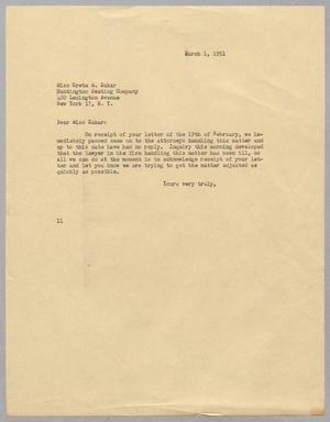 [Letter from I. H. Kempner to Miss Greta M. Zukar, March 1, 1951]