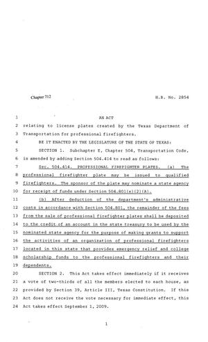 81st Texas Legislature, Regular Session, House Bill 2854, Chapter 712