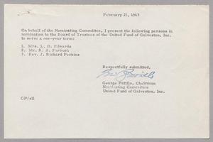 [Letter from G. Pattilo, February 21, 1963]