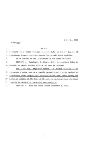 81st Texas Legislature, Regular Session, House Bill 2918, Chapter 670