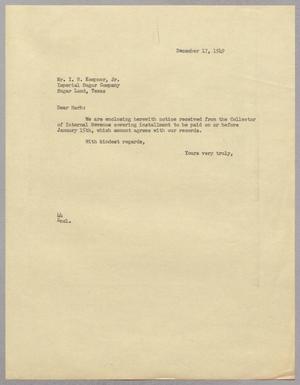 [Letter from A. H. Blackshear, Jr. To Isaac Herbert Kempner, Jr., December 17, 1949]