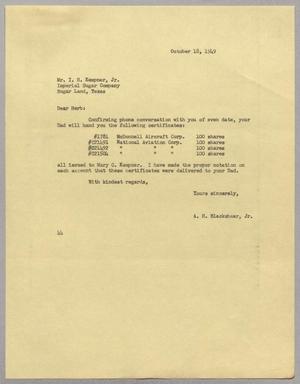 [Letter from A. H. Blackshear, Jr. to I. H. Kempner, Jr., October 18, 1949]