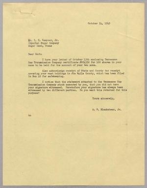 [Letter from A. H. Blackshear, Jr. to Isaac H. Kempner, Jr., October 14, 1949]