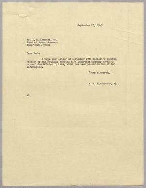 [Letter from A. H. Blackshear, Jr. To Isaac Herbert Kempner, Jr., September 28, 1949]