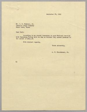 [Letter from A. H. Blackshear, Jr., to Isaac Herbert Kempner Jr., September 26, 1949]