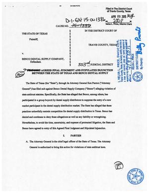 Primary view of object titled 'Agreed Final Judgment and Sstipulated Injunction Between the State of Texas and Benco Dental Supply: Cause No. D-I-GN-15-001386'.