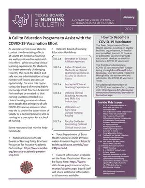 Primary view of object titled 'Texas Board of Nursing Bulletin, Volume 52, Number 1, January 2021'.