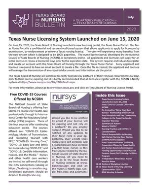 Primary view of object titled 'Texas Board of Nursing Bulletin, Volume 51, Number 3, July 2020'.