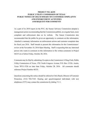 Primary view of object titled 'Texas Public Utility Commission Public Notice of Customer Complaints, Enforcement Actitivies, and Request for Comments: 2016'.
