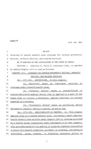 Primary view of object titled '81st Texas Legislature, Regular Session, House Bill 806, Chapter 30'.